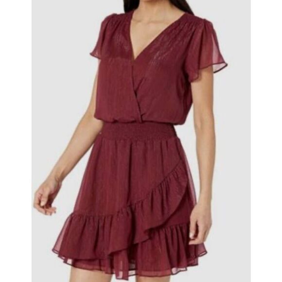 Michael By Michael Kors Womans Red Cr￼inkle Short Sleeve Faux Wrap Dress S/L - Picture 1 of 5